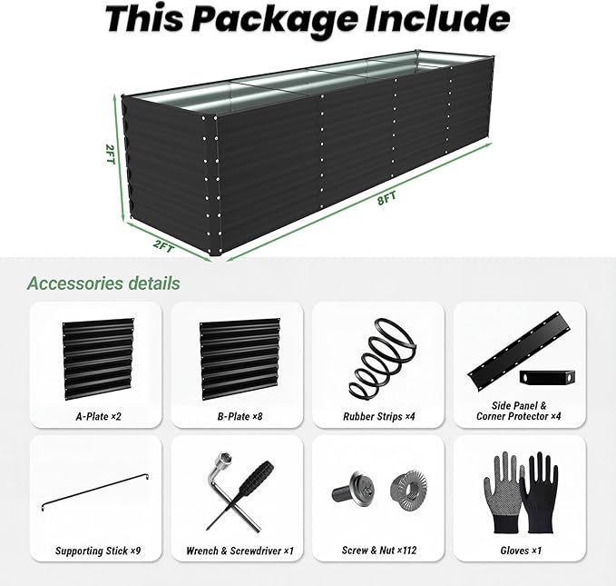 8x2x2FT Raised Garden Beds Outdoor Planter Raised Beds for Gardening Vegetables FlowersLarge Metal Garden Box Deep Plant Flower pots Outdoor (Black 1Pack)