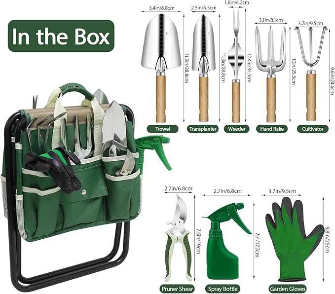 Garden Tool Set 10 Piece Kit with Heavy Duty Folding Stool Detachable Storage Tote Bag Stainless Steel Tools Gifts for Women Men Green