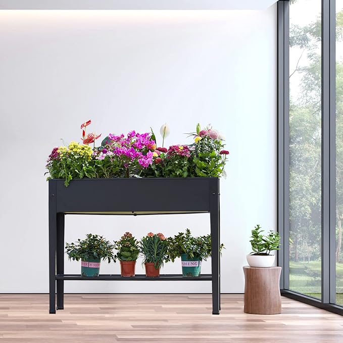 Raised Garden Bed Elevated Planter Black Metal Plant Box with Legs Standing Garden Stand Drainage Holes Black
