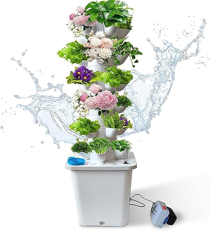 Hydroponic System Hydroponic Tower 30 Pots Aeroponic Tower Planting Tower with Irrigation Vertical Planter Pump Tower for Home Kitchen Gardening Fruit and Vegetables(Color:White)