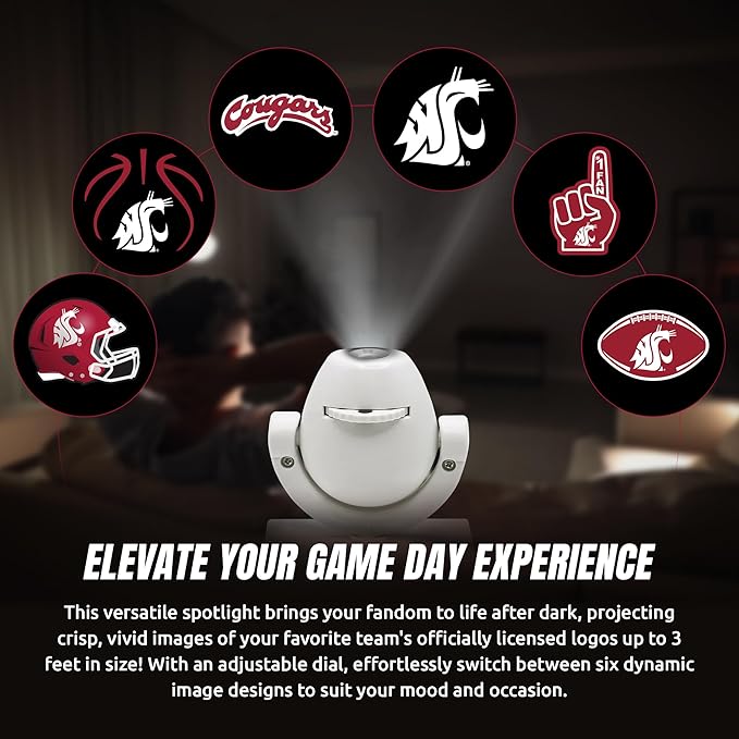 Sporticulture NCAA American Football Washington State - Adjustable Led Mini Spotlight Projector with 6 Team Logo Designs - Portable &amp Rechargeable Spotlight - Battery-Operated - 4.375” x 3.125”
