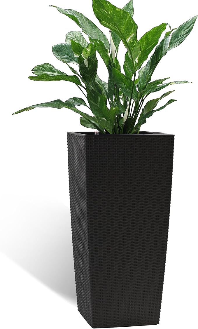 IndoorOutdoor Faux Rattan Square Planter 30 Inch Black Plastic Large Planter with Automatic Watering System for Home and G(Black 30 Inch 1)