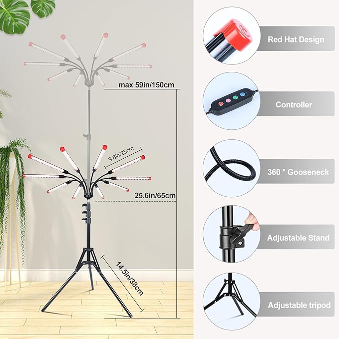 FECiDA Gamechanger! 90 Watt Power Draw NO Need Adapter 10Head Grow Light with Tripod Stand 2026 Big Coverage LED Grow Lights for Indoor Tall Plants Bonsai Tree 4/8/12/16/20H Timer