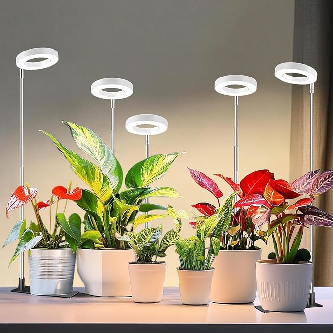 Grow Lights for Indoor Plants 48 LEDs Full Spectrum Halo Plant Grow Light Height Adjustable Growing Lamp with Detachable Base 3/9/12Hrs Timer 10 Brightness 3 Color Modes 5 Pack