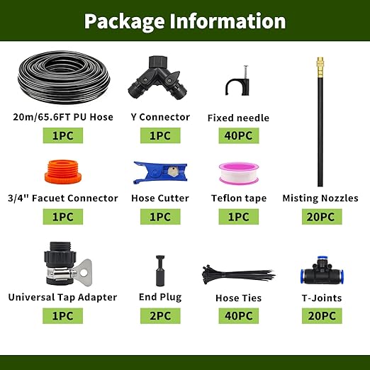 60FT Drip Irrigation System Automatic Garden Watering Kit with 360° Bendable Hose &amp 20 Adjustable Nozzles Water Pressure Powered Sprinkler System for Greenhouse Lawn GardenYard &amp Plants