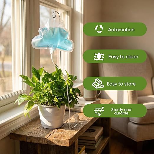 Zhengmy 12 Pcs Cloud Plant Drip Irrigation Self Watering Devices with Flow Regulator Automatic Plant Watering System with 500ml Drip Water Bag and Support Rod Stake for Potted Indoor Outdoor Waterer