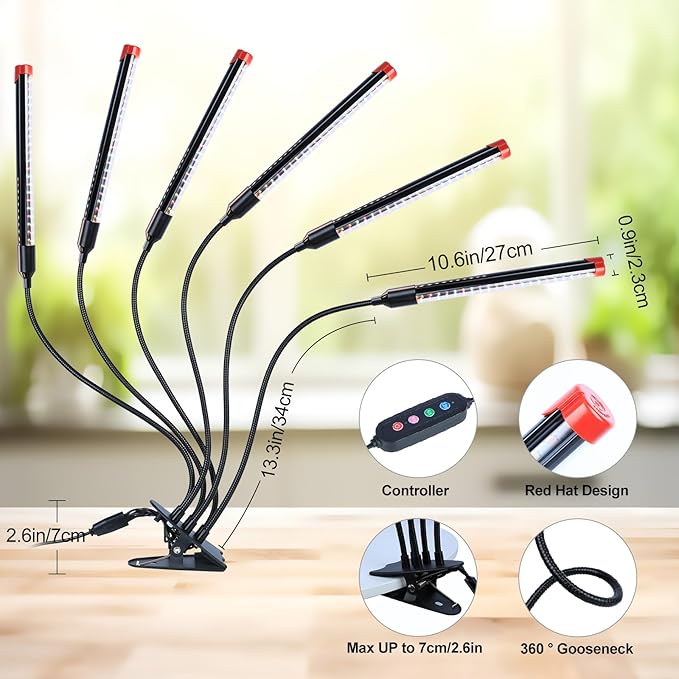 FECiDA Gamechanger 2026 54 Watt Power Draw NO Need Adapter 6Head Strong Clip Grow Lights for Indoor Plants with 4/8/12/16/20H Timer LED Plant Growing Lamps for Houseplants Bonsai Seed Starting
