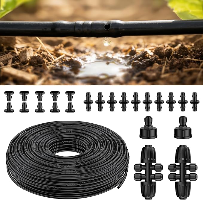 Pawfly 200 ft 1/4 Drip Irrigation Tubing 1/4 Emitter Tubing with 6 Spacing Polyethylene Drip Line with 24 Parts Black Distribution Tubing for Drip Irrigation System Drip Irrigation Hose Roll
