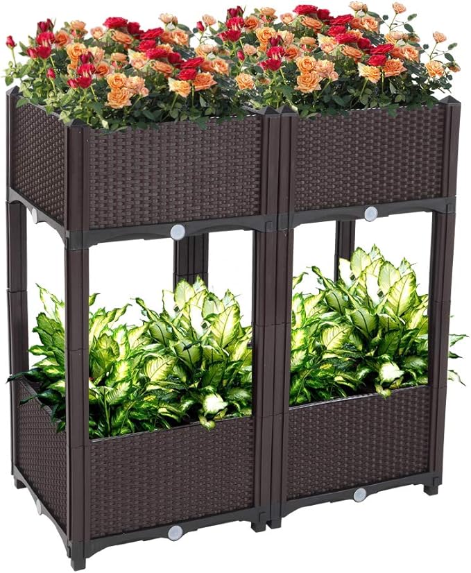 4pcs Garden BedModern Rattan-Style Plastic Raised Bed Garden Planter Stand Set for Backyard Kit for Flower Vegetable Grow Indoor Outdoor Brown