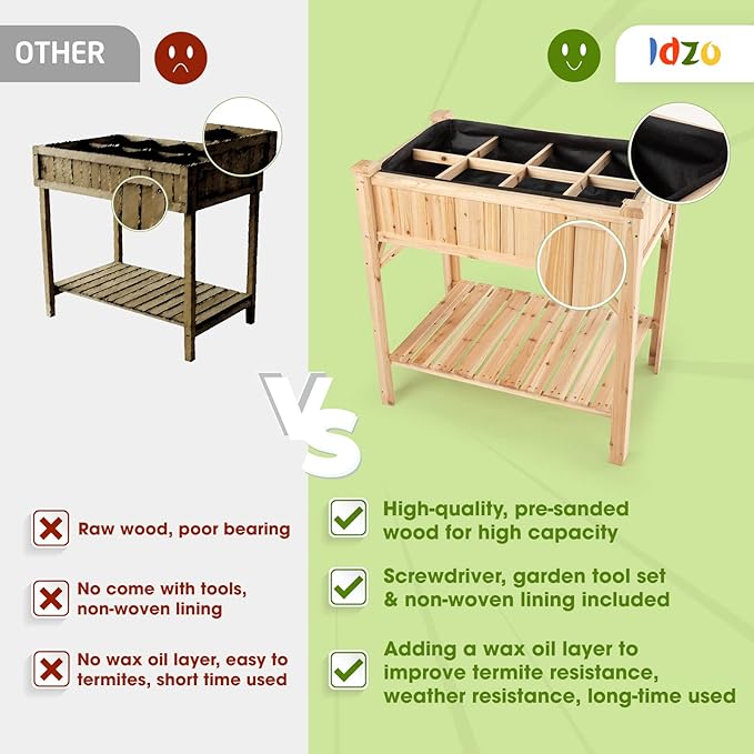 Idzo Raised Garden Bed with Legs Durable Elevated Garden Box with Wax Oil Coated 36x36x24in Wood Planter with Big Planter Box Load Up to 200 Pounds Ergonomic Height for Convenient Plants Care