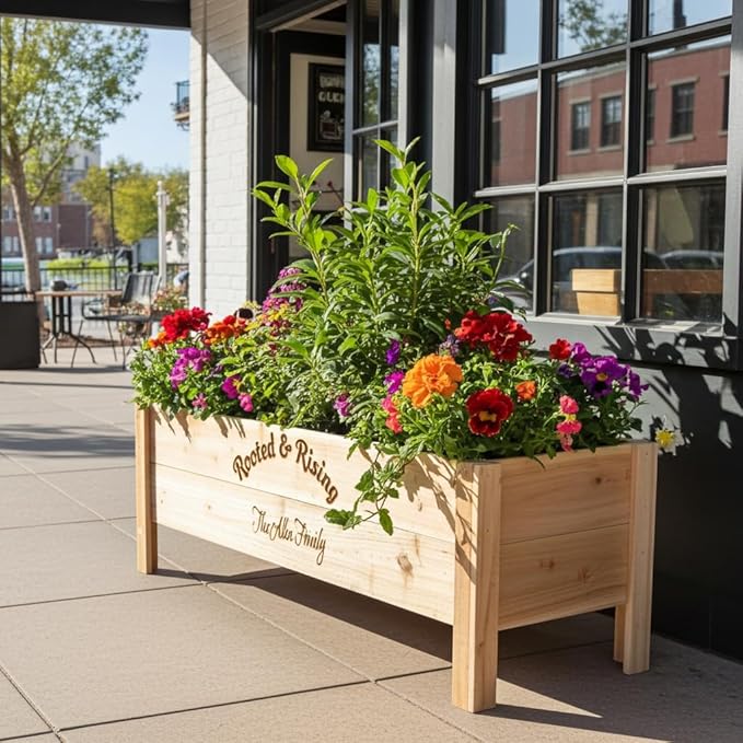 Personalized Cedar Raised Planter Box – Custom Engraved Wooden Garden Boxes for Weddings Events Restaurants &amp Coffee Shops Handmade in USA