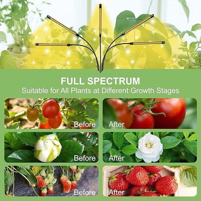 5-Head Adjustable LED Lights Full Spectrum Grow Lamp with Timer Warm White Light for Indoor Plants