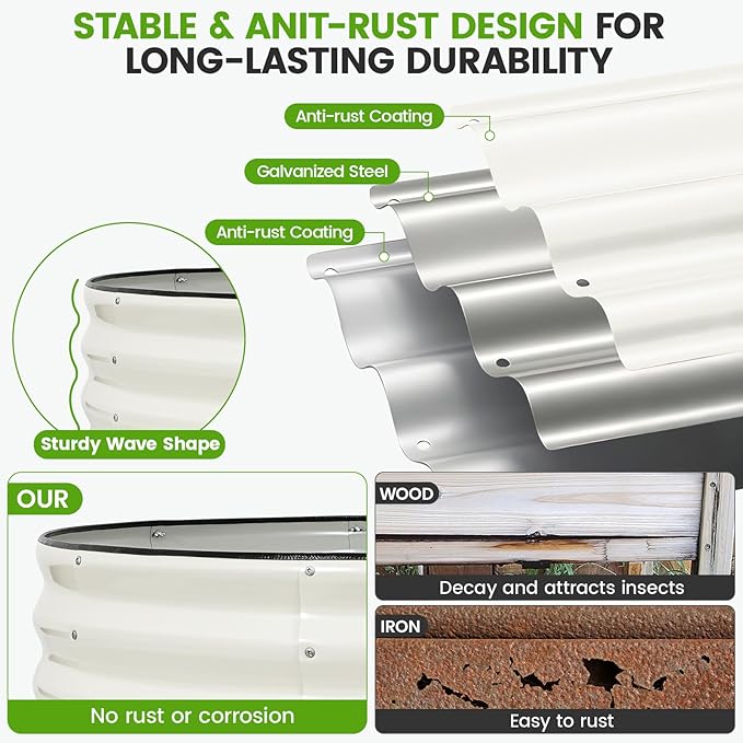 Galvanized Raised Garden Bed Outdoor 2Pcs | 4x4x1ft Metal Raised Beds for Gardening with Safety Rubber Strip | Round Planter Box for Plants Like Vegetables Fruits Flowers White