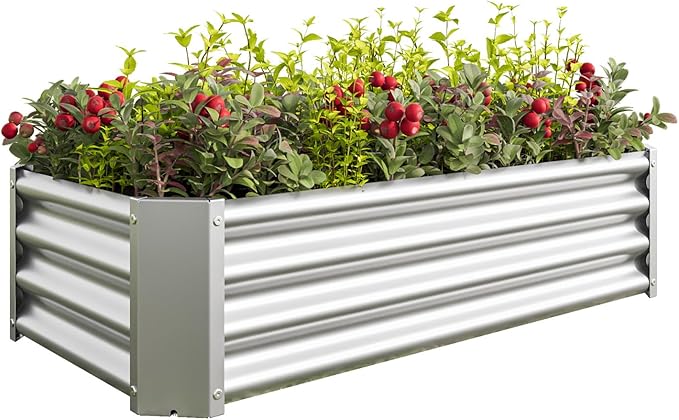 Outdoor Metal Raised Garden Bed Rectangle Raised Planter 4×2×1ft for Flowers Plants Vegetables HerbSucculents (Silver)