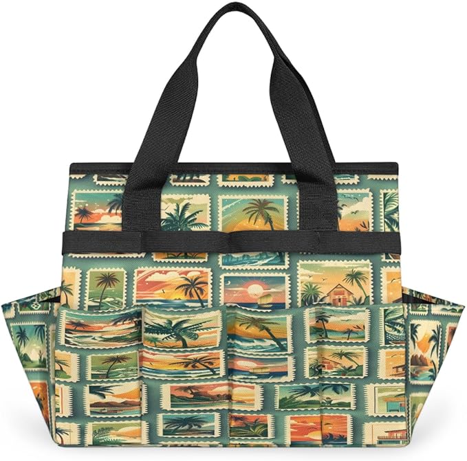 Scenery Palm Tree Sunset Print Garden Tool Bag for Women Men Garden Storage Tote Bag with 10 Pockets &amp Handle Gardening Tool Organizer for Garden Patio Indoor Outdoor