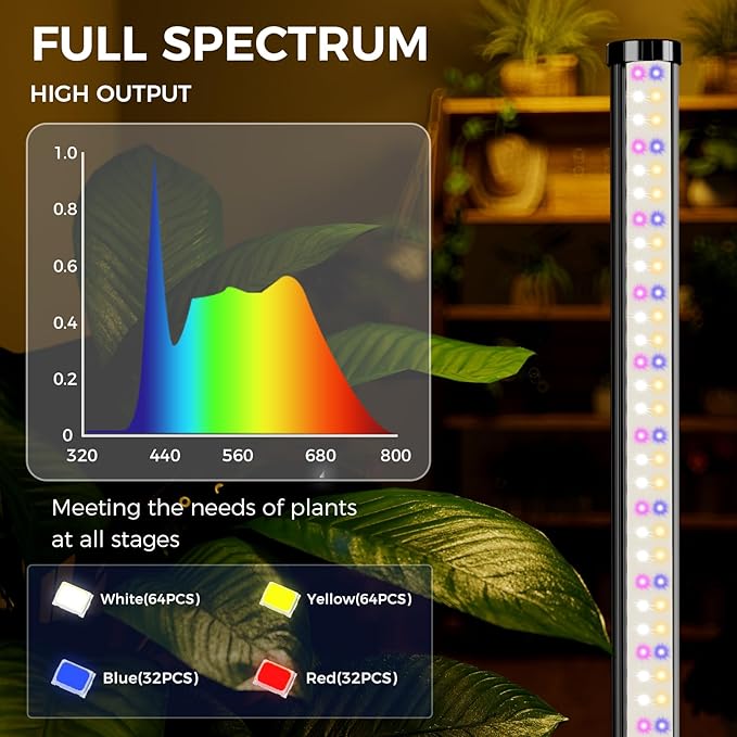 Grow Lights for Indoor Plants with Timer 192 LEDs 42W Vertical Full Spectrum Grow Light 65 Inch Standing Grow Lights 3 Light Modes 5-Level Dimmable Wide Coverage