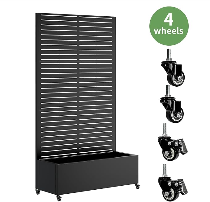 Metal Planter Box with Trellis Raised Garden Bed with Wheels Trellis Privacy Screen Planter for Climbing Plants Vegetables Vines Outdoor Garden Use Black-1