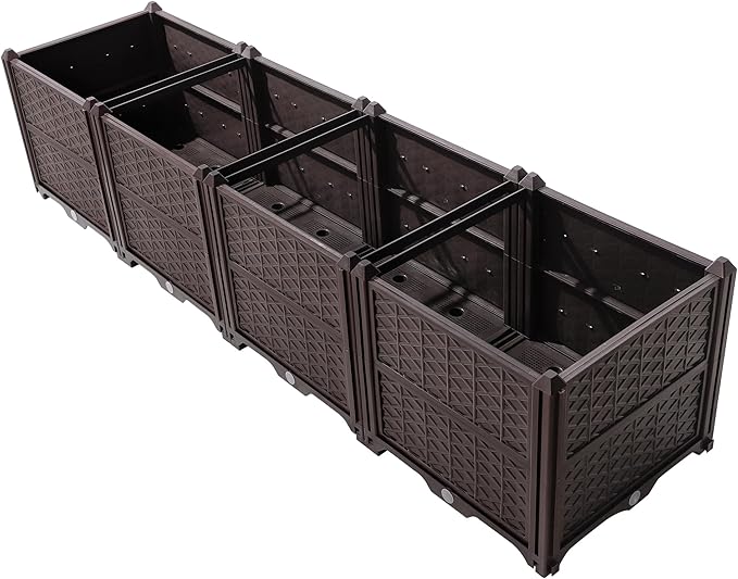 LIFE SKY Modular Garden Planter: Multi-Section Raised Bed for Herbs &amp Vegetables - Brown Plastic Plant Box with Drainage System for Balcony &amp Patio Gardening