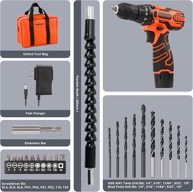 COMOWARE Cordless Drill Set 12V Power Drill with Battery &amp Charger 3/8 Keyless Chuck 23Pcs Driver Bits Orange Storage Bag included