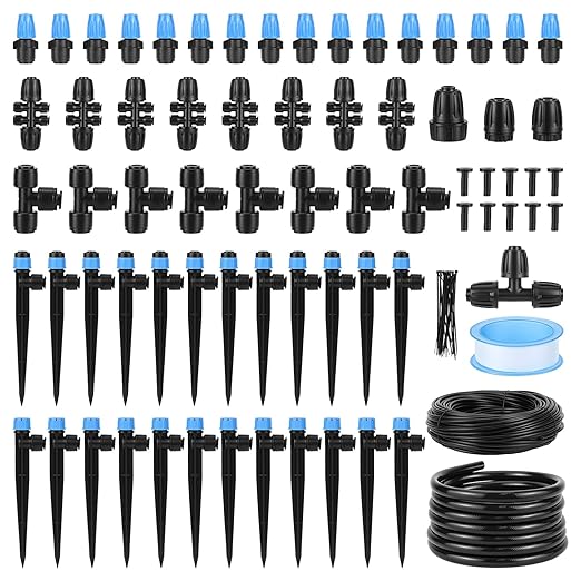 QWORK 230FT Drip Irrigation System Automatic Sprinkler System Kit Garden Watering System 10-Minute Install Microdroplets &amp Adjustable Modes