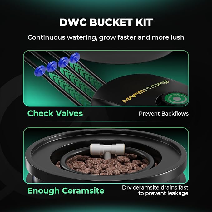 Mars Hydro DWC Hydroponics Grow System 5 Gallon Deep Water Culture with 8W Air Pump Multi-Purpose Air Hose Air Stone 2 Buckets and Top Drip Kit