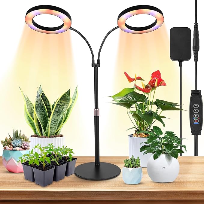 Dual-Head Grow Lights for Indoor Plants LED Full Spectrum Plant Lamp with Timer 3/9/12H 10 Dimmable Levels Flexible Gooseneck Height Adjustable 14-23 for House Plants &amp Seedlings