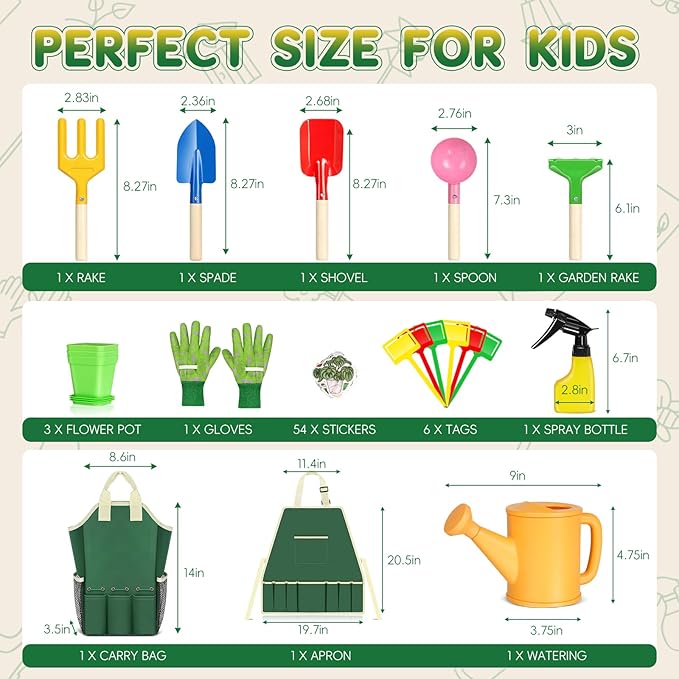 Kids Gardening Tool Set 20PCS Gardening Toys Includes Metal RakeForkTrowelApronGlovesWatering CanTote Bag Garden Tool Kit for Kids Outdoor Toys Gift for Boys Girls