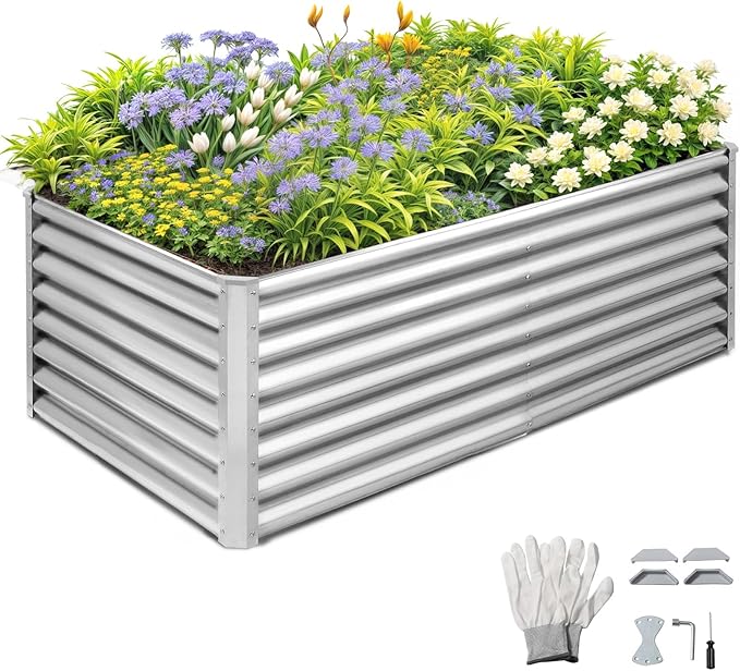 Outvita 6×3×2ft Galvanized Raised Garden Bed Metal Outdoor Planter Box Rectangular Garden Bed for Planting Vegetables Fruits Flowers Silver