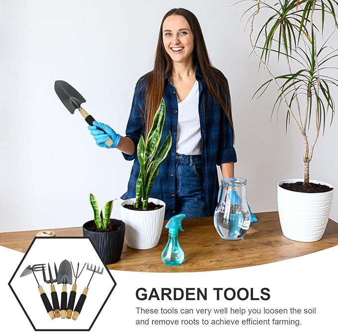 5pcs Garden Hand Tool Set with Shovel Rake Hoe Cultivator and Fork – Small Gardening Tools Kit for Planting and Landscaping Tasks