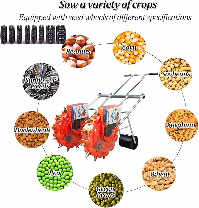 Two-Wheeled Hand-Push Roller Seeder Garden Push Seeder Planter Precision Manual Roller Seeding Machine for Soy Peanut Corn Cotton Soybean 12 Mouths