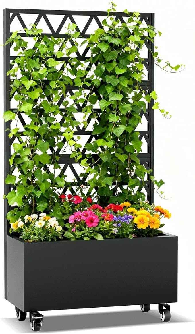 Metal Planter Box with Trellis 73-Inch Tall Raised Garden Bed with Wheels Privacy Screen Planter for Climbing Plants Vegetables &amp Vines Galvanized Steel Outdoor Privacy Shield Black (Square-1