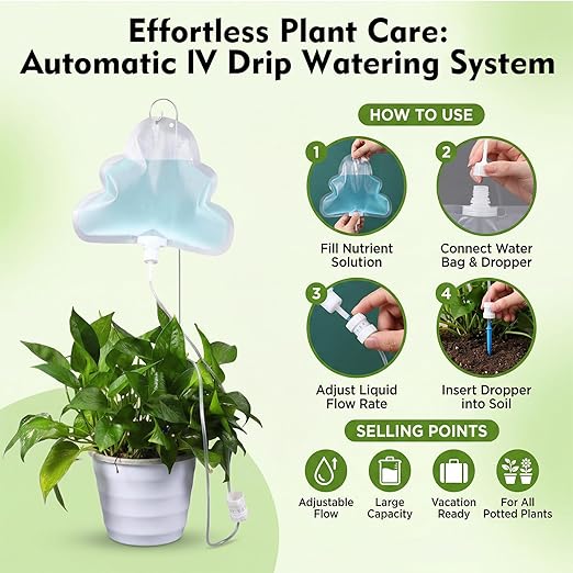 Zhengmy 12 Pcs Cloud Plant Drip Irrigation Self Watering Devices with Flow Regulator Automatic Plant Watering System with 500ml Drip Water Bag and Support Rod Stake for Potted Indoor Outdoor Waterer