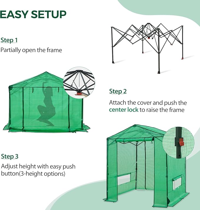 6x6 Pop Up Greenhouse Instant Walk in Green House with PE Cover Power Ports Roll up Doors &amp Windows for Indoor Outdoor Plant Growing Green