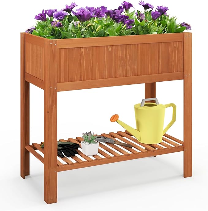 Giantex Raised Garden Bed Outdoor Elevated Fir Wood Garden Box with Legs Bottom Storage Shelf &amp Protective Liner Planter Raised Bed for Gardening Fruit Vegetables Herbs 39 Lx20 Wx39 H