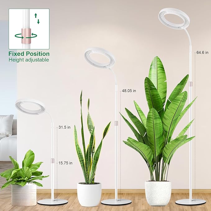 LBW Full Spectrum Grow Light with Stand for Large &amp Tall Indoor Plants Adjustable Height 48.8–68'' Auto Cycle Timer 4/8/12H 4-Level Dimmable Floor Plant Light (White)