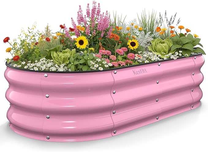 Kesfitt Raised Garden Bed 4x2x1 FT Galvanized Steel Metal Raised Garden Bed Oval Open-Bottom Design 12-Inch Deep for Outdoor Vegetable &amp Herb Gardening Blushing Pink