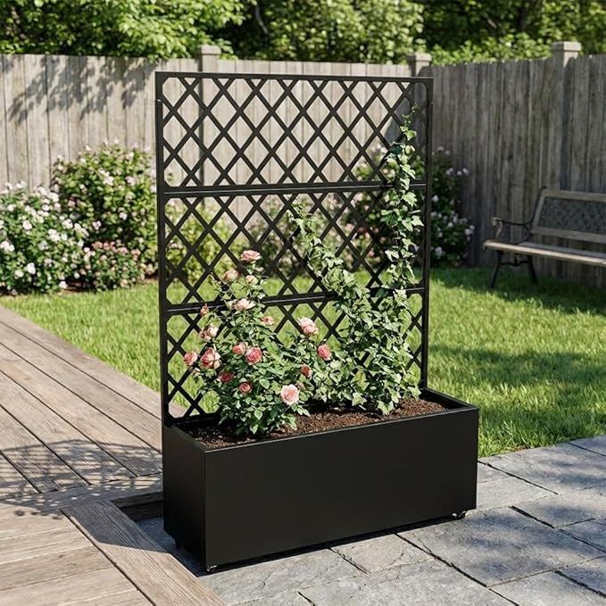 71x35x16 Inch Large Steel Raised Garden Bed Mobile Planter Box with Trellis and Privacy Screen Lockable Casters &amp Drainage Holes Outdoor Vegetable Garden for Vines Flowers Patio Deck Balcony