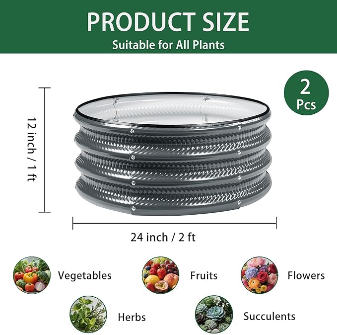 2 Pcs 2x2X1 ft Metal Galvanized Round Raised Garden Bed Kit Outdoor Cream White Planter Garden Bed Raised Box for Vegetables Fruits Flowers &amp Herbs