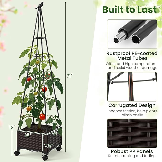 Giantex Set of 2 Raised Garden Bed with Wheels &amp Tomato Cage Self Watering Planter Box with Obelisk Trellis Adjustable Height Indoor Outdoor Planter for Climbing Plant Flower Vegetable Fruit