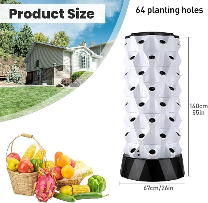 Hydroponic Tower Starter Kit Aeroponic Tower Hydroponics Tower Growing System Kit Vertical Farming Tower with Water Pump for Indoor Outdoor Use(140cm/55in)