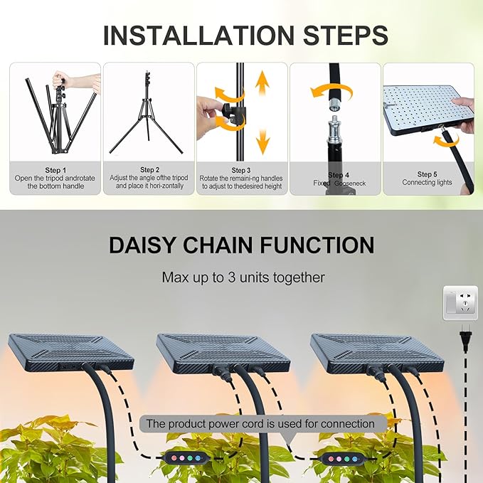 FECiDA 2026 Grow Lights with Stand Standing Grow Lights for Indoor Plants Bonsai Tree 4/8/12/16/20H Timer 25 Watt Power Draw NO Need Adapter Daisy Chain Function 24-64 Height Adjustable