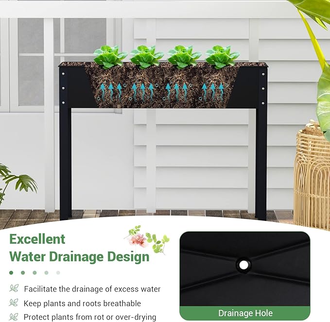 Giantex Raised Garden Bed Metal Planter Box with Legs Drain Hole Outdoor Indoor Elevated Garden Box for Vegetable Flower Herb Fruit Standing Raised Beds for Backyard Porch Balcony Black