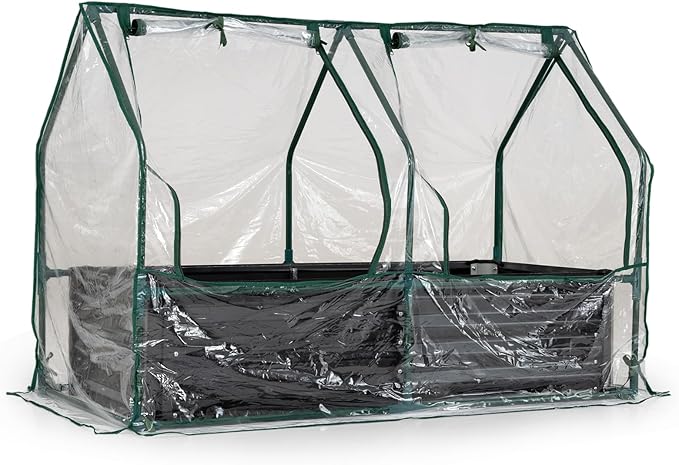 HAPPYGRILL 4 x 2 x 3 FT Galvanized Raised Garden Bed with Cover Metal Elevated Planter Box with Dual Roll-up Windows for Vegetables Herbs Flowers Mini Greenhouse for Outdoor Patio Balcony (Black)