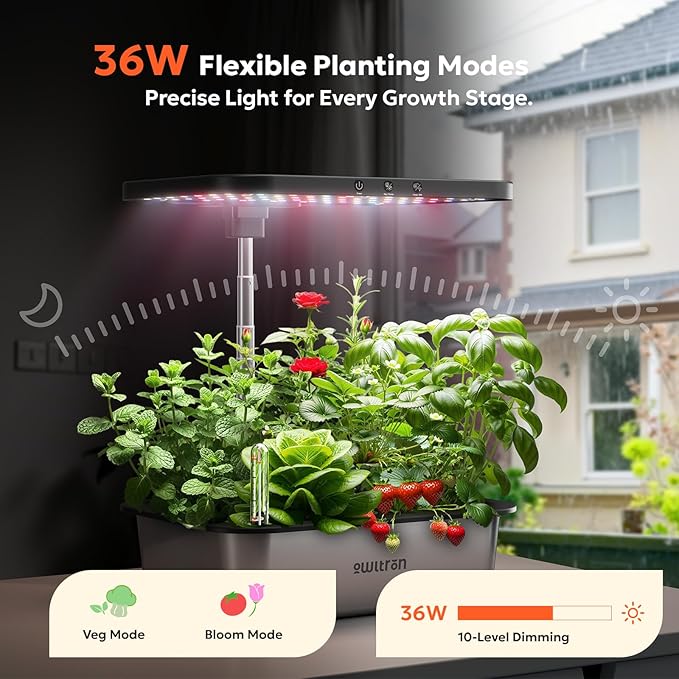 owltron Smart Hydroponics Growing System Kit15 Pods Indoor Herb Garden with 36W LED Grow Light &amp APP Control Planting Height Up to 30 Quiet Water Pump Ideal Gift for All Ages Dark Silver