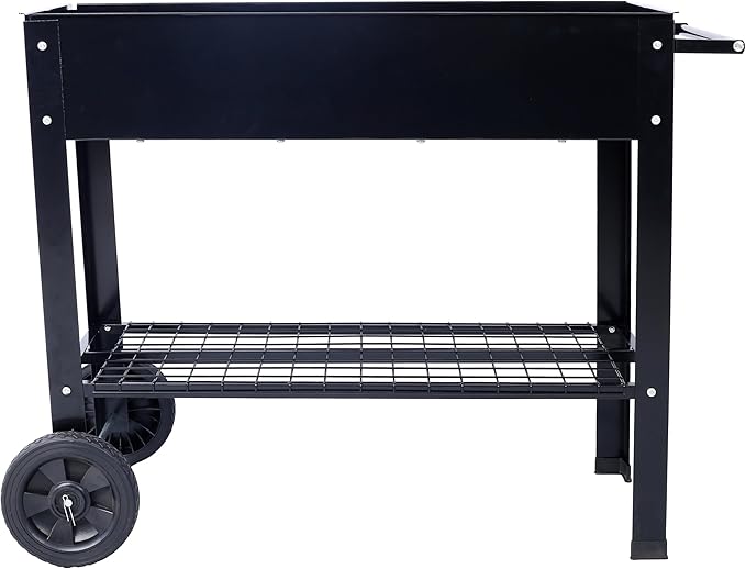 Elevated Raised Garden Bed with Legs and Wheels Mobile Metal Planter with Storage Shelf for Patio Backyard and Balcony Powder-Coated Black for Growing Vegetables Herbs and Flowers
