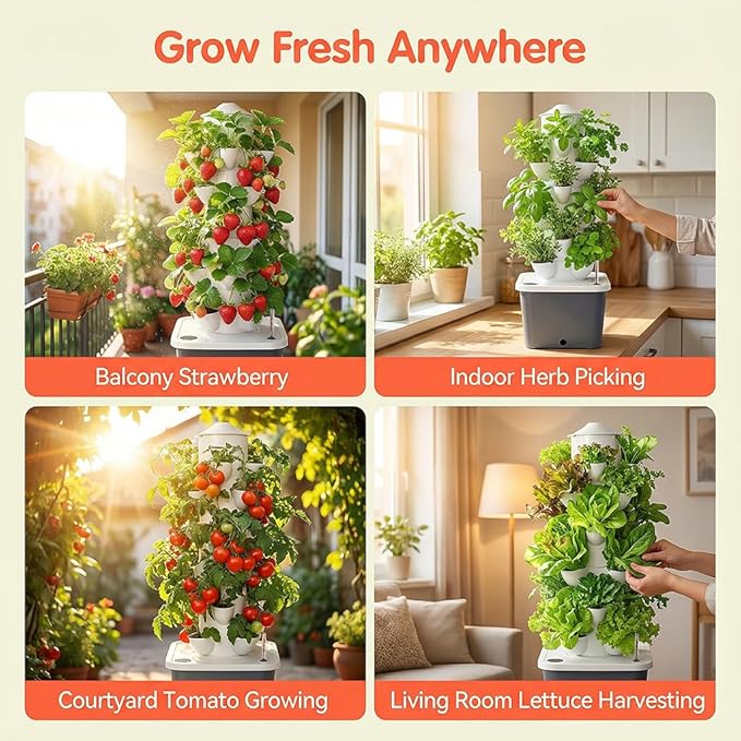 Vertical Hydroponic Tower Garden Growing System - Indoor Planter Kit with 30 Pods Aeroponic-Style Tower for Herbs Vegetables Lettuce &amp Strawberries Home Countertop Grow System Gray