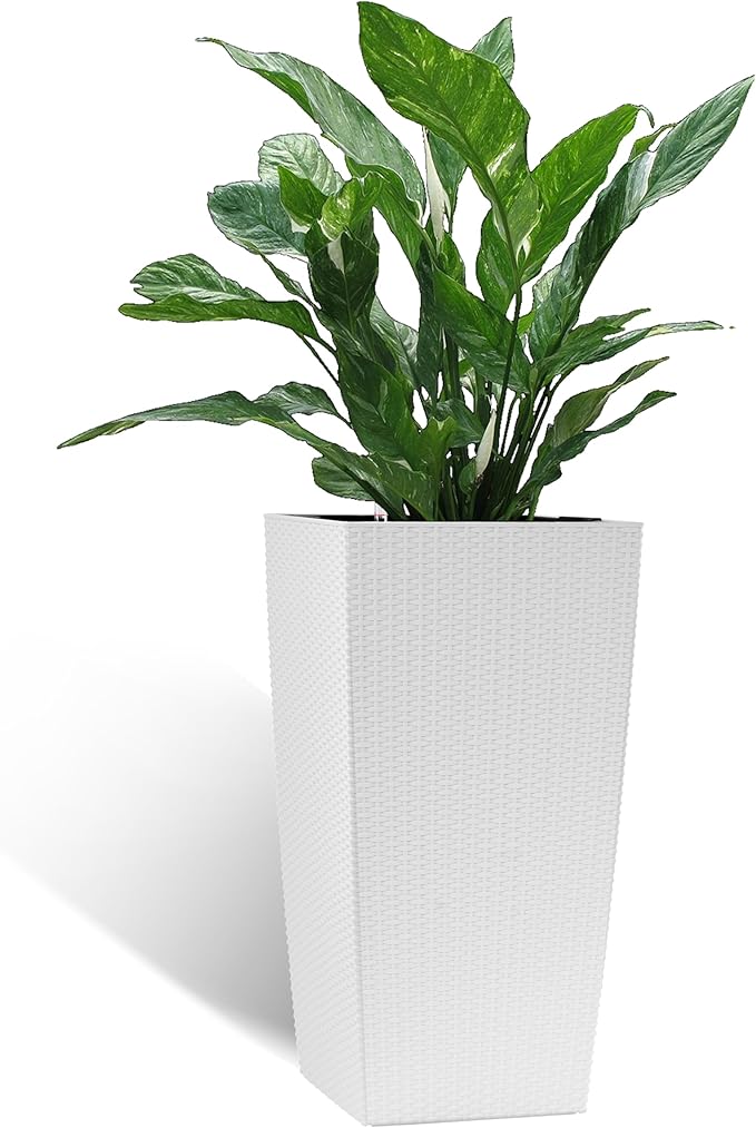 IndoorOutdoor Faux Rattan Square Planter 30 Inch White Plastic Large Planter with Automatic Watering System for Home and G(White 30 Inch 1)