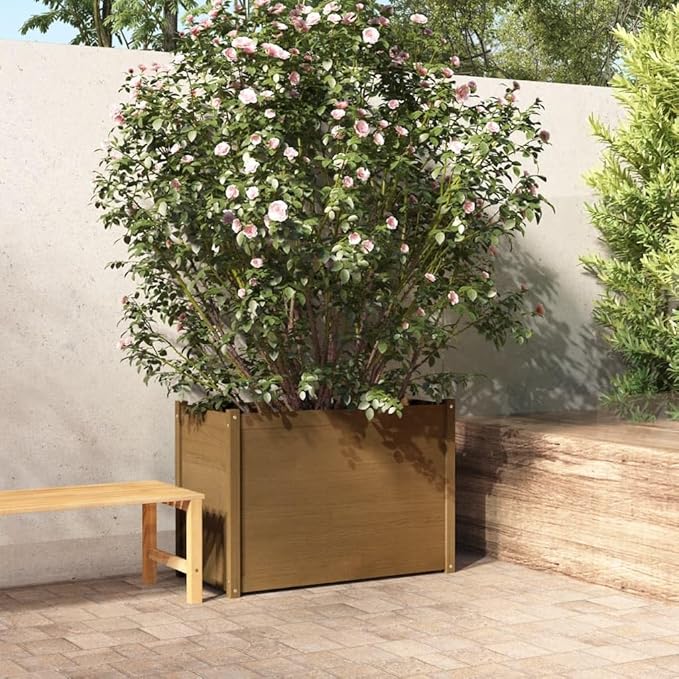 Large Honey Brown Solid Pinewood Garden Planter 39.4x39.4x27.6 Inch Raised Garden Bed Outdoor Rectangular Planter Box for Patio Terrace Gardening