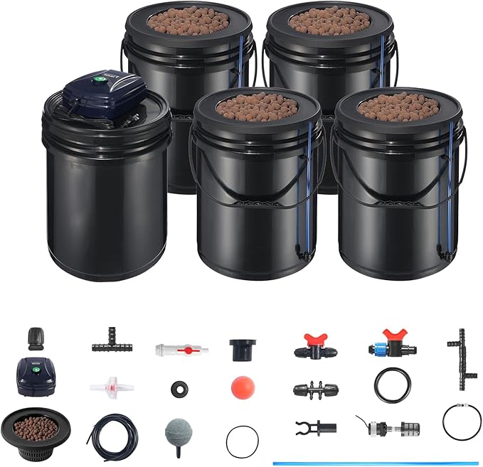 VEVOR RDWC Hydroponics Grow System Hydroponic Growing Kit with Top Drip Recirculating Deep Water Culture 4 Buckles and 1 Reservoir with Air Pump and Water Level Device for Leafy Vegetables