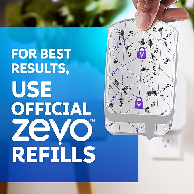 Zevo MAX Bug Catcher &amp Fly Trap for Indoors - Flying Insect Trap for Gnats House &amp Fruit Flies - Use in Any Room - No-Mess Disposal (1 Plug in Base &amp 6 Cartridges)